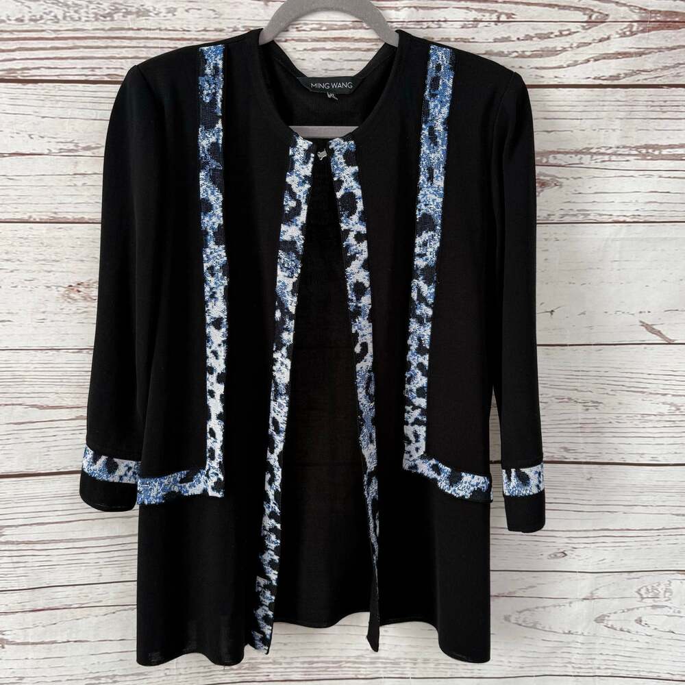 MING WANG Women's Black Knit Open Front Sweater Cardigan Size XL